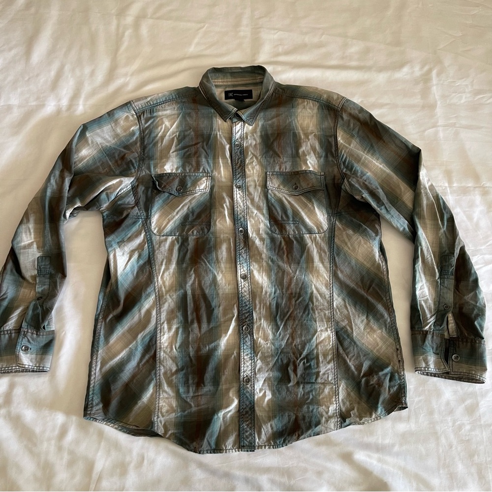 INC International Concepts Grey and Green Plaid Long Sleeve Collared Shirt